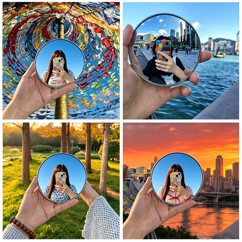 Travel Handheld Mini Selfie Mirror Portable Round Wide Angle Convex Spherical Mirror 7.5cm/9.5cm Photography Prop Accessory