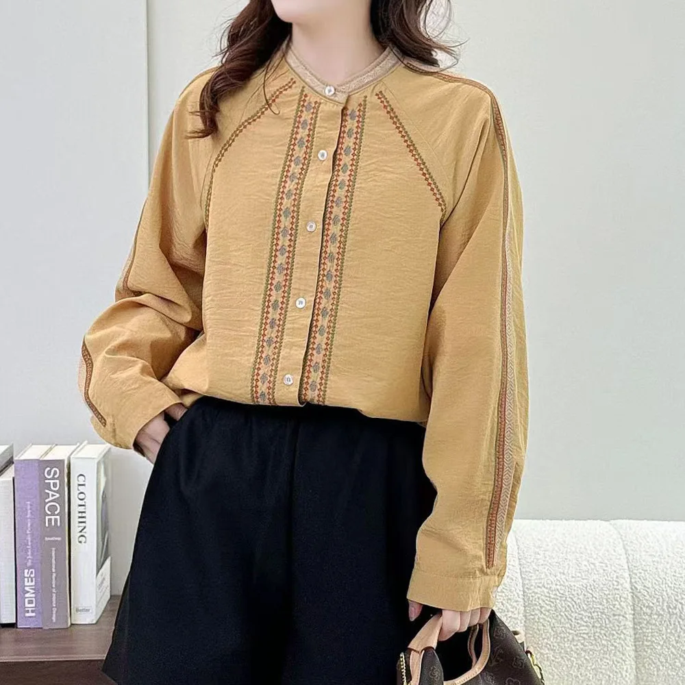 

[Ready Stock] High Quality Women 100% Cotton Yarn Blouse Shirt Retro Art Fan Ethnic Style, Loose Embroidered Shirt