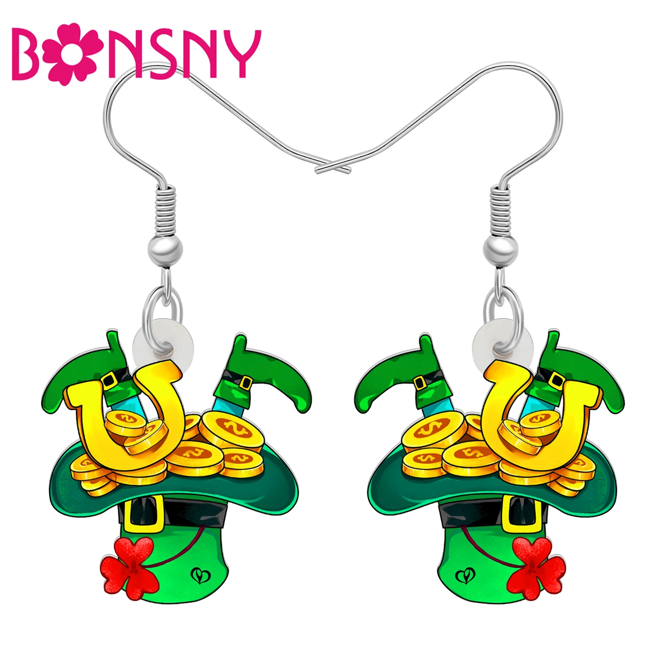 BONSNY Acrylic St Patricks Day Hat Earrings Green Shamrock Gold Coin Dangle Irish Holiday Jewelry Good Luck Gifts For Women Mom