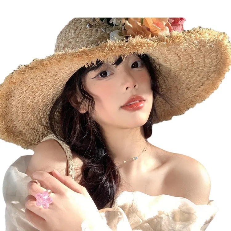 Fairy French Style Women Hand-woven Raffia Summer Sun Hat Cap Women Large Brim Rose Flower Straw Cap Sombrero Para Mujer Chapeu