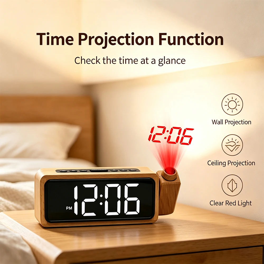 1pcThis multi-functional wooden projection alarm clock features an LED digital display, time setting, 12/24-hour format switchin