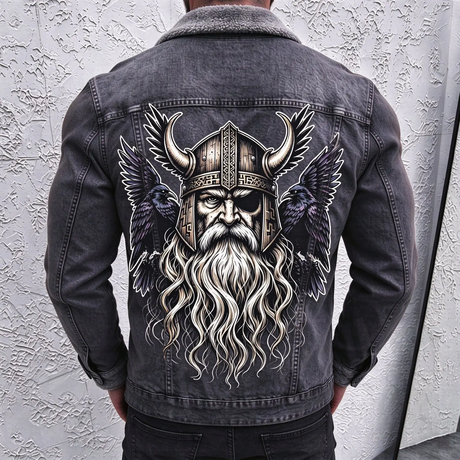 Men's New Autumn and Winter European and American Retro Washed Motorcycle-Style Denim Jacket with Unique Pattern Print, Fleece-Lined, Thickened, Lamb Wool Collar, Wide-Fit Coat