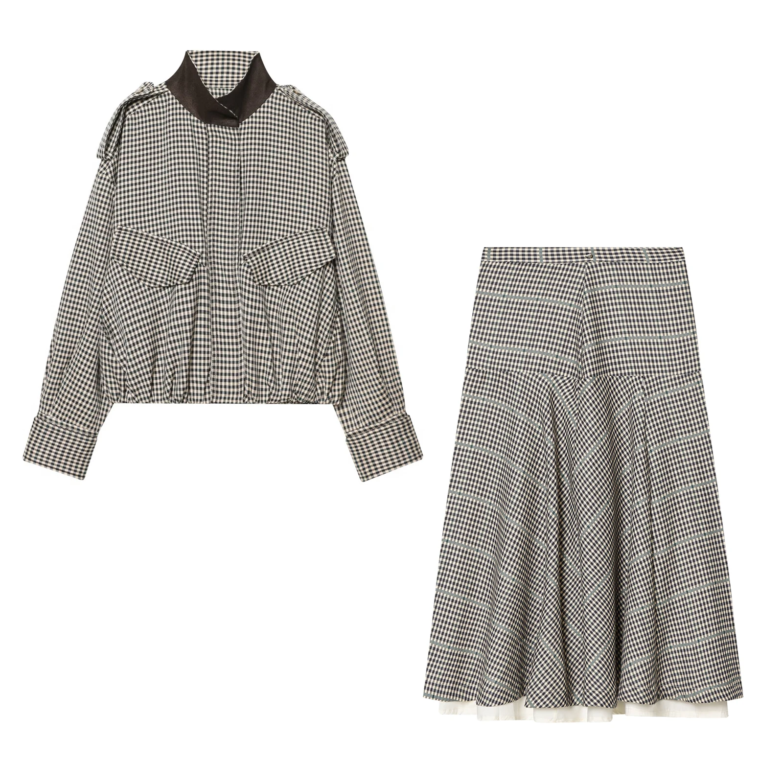 Color Block Plaid Pilot Jacket Coat High Collar Long Sleeve Women's Spring Fashion Set with Midi Skirt Spring Season Pattern