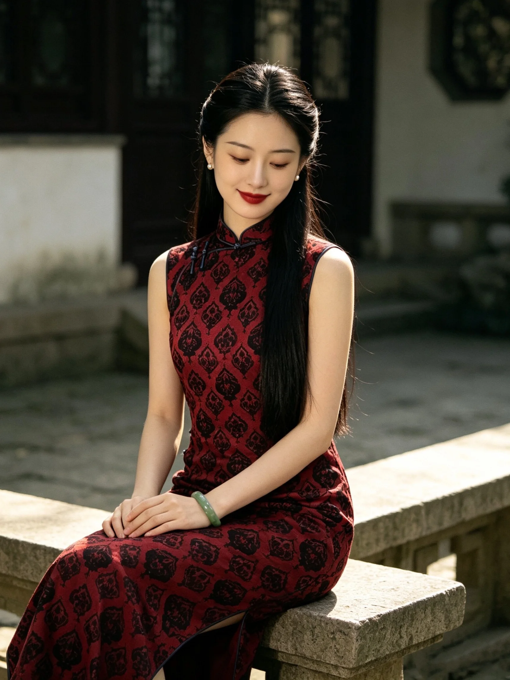 Elegant Red Young Style  Dress Silk Material Vintage Feel Low Slit Daily Wear Floral Patterned Long Qipao for Weddings