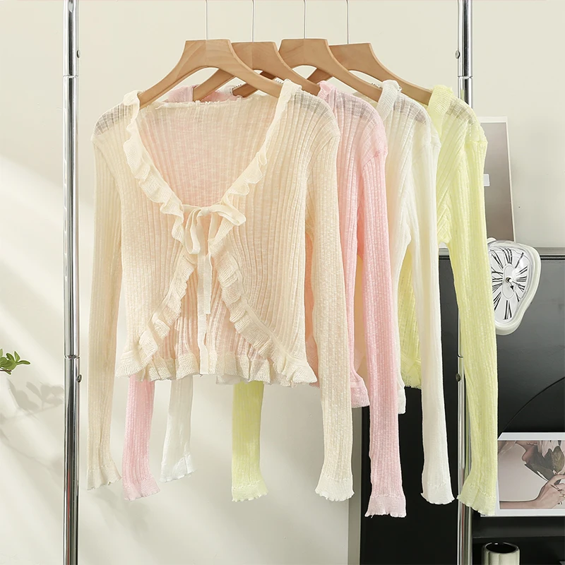 Summer Ruffles Cardigan Slim Women Casual Transparent Sweater Shirts Lady Thin Solid Coats Female Crop Top