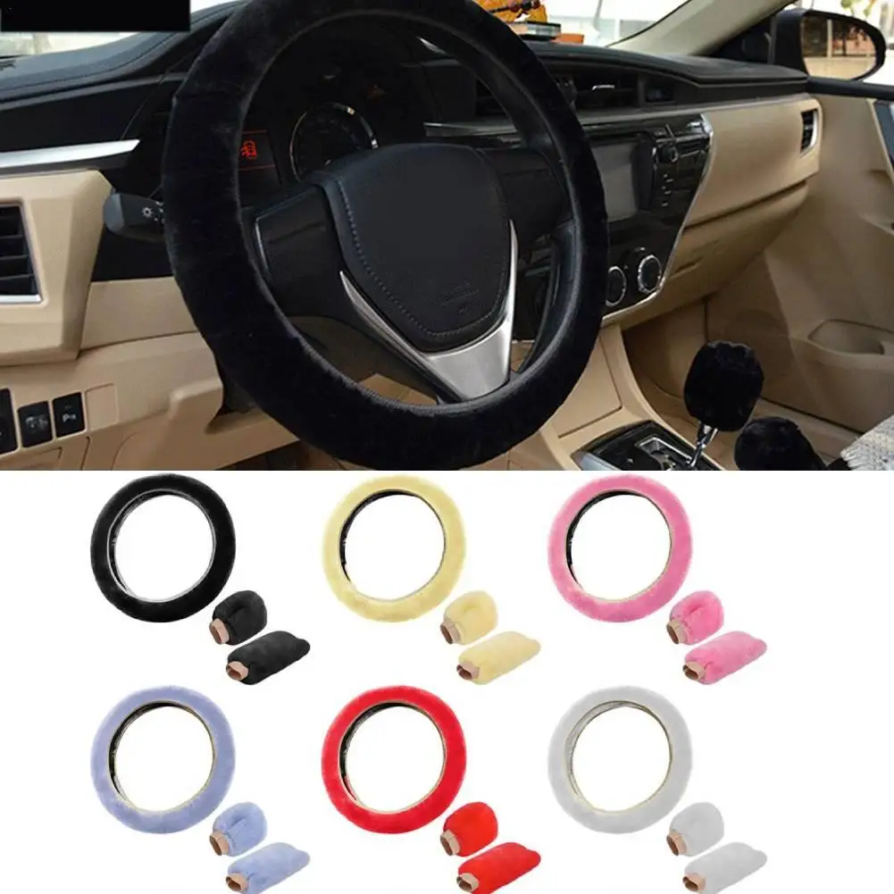 Artificial Rabbit Fur Car Steering Wheel Cover Warm Winter Car Handbrake Shift Cover Three-piece Set Heating Steering Wheel 38cm
