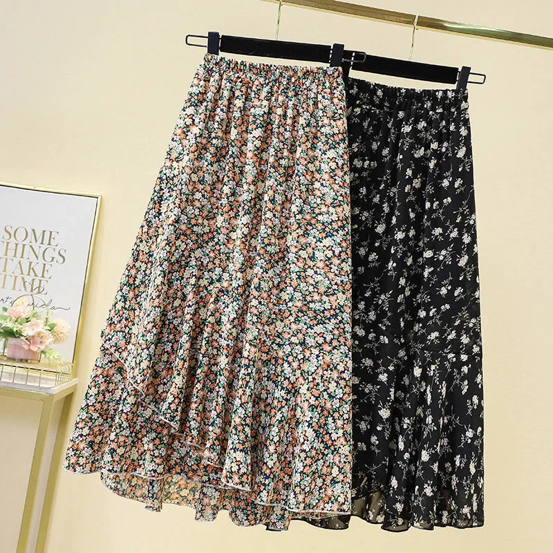 New Summer Women Chiffon Floral Fat Sister Covering The Crotch Showing A Thin Irregular A-line Skirt