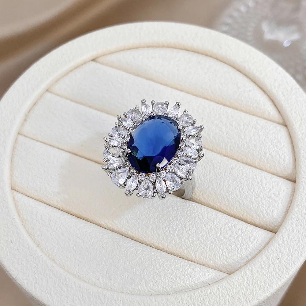 

DODOHAO Luxury Geometric Blue Zircon Inlaid Copper Ring for Women Shiny Silver Color Waterproof Ring Holiday Lady Jewelry Gift