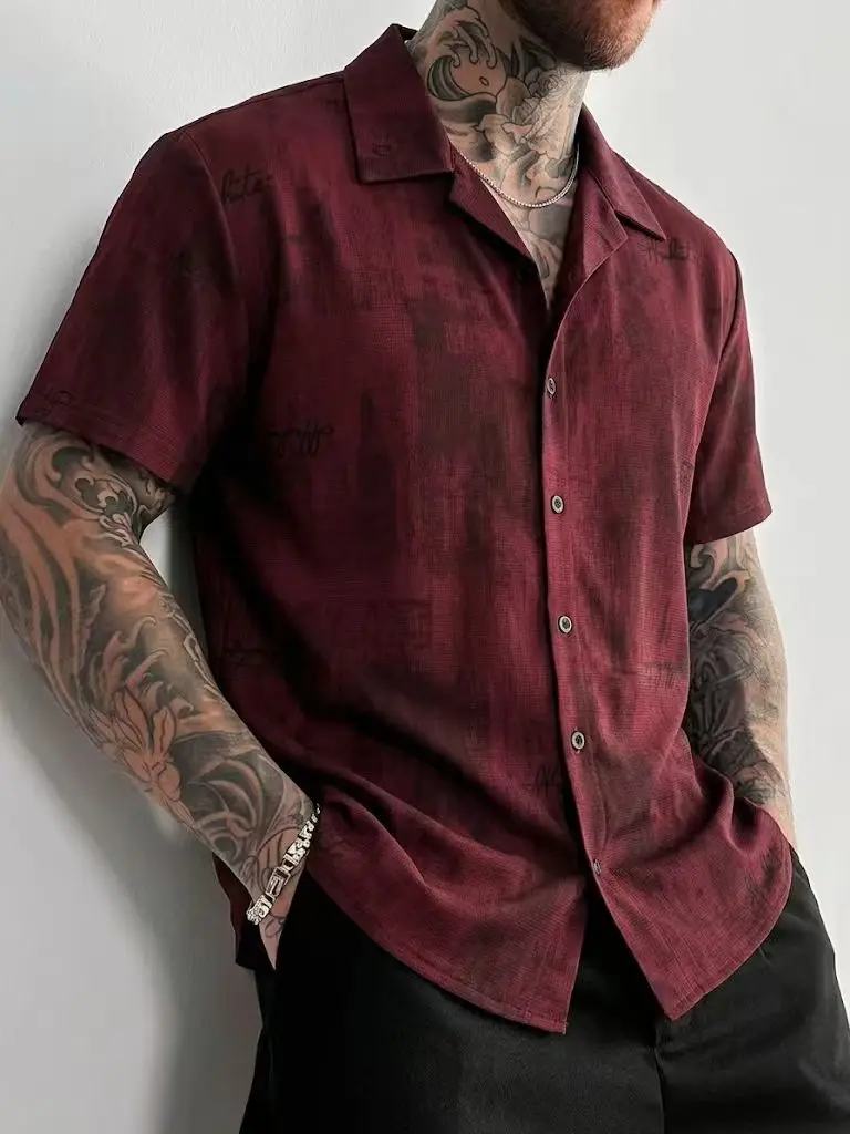 Men's Loose-Fit Lapel Open-Front Shirt with Wine Red Dark Patterned Print