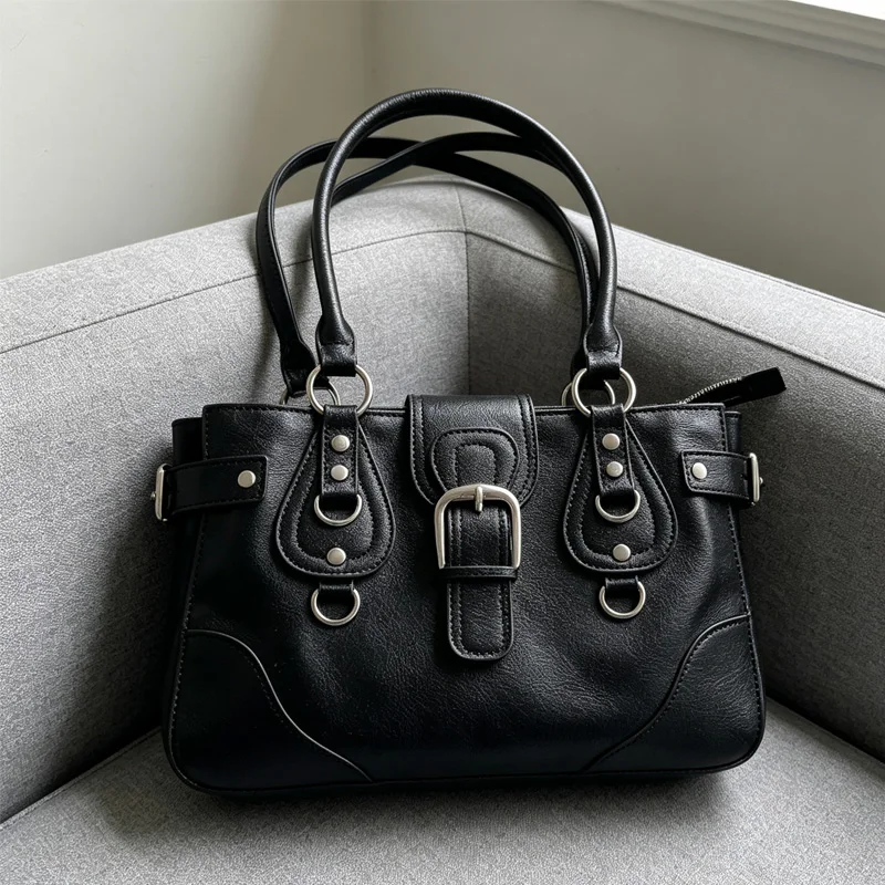 2026 new Y2K cool riveted handbag motorcycle bag punk metal ring shoulder bag underarm bag large capacity commuting tote bag - view 2