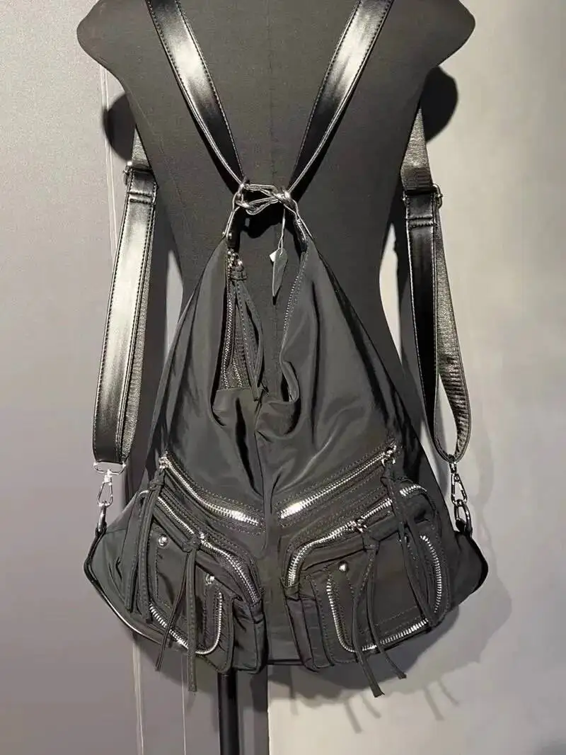 Bloom Vintage Black Y2k Backpack Women High Street Pocket Chic Casual Mochila Ladies Moto Biker Large Capacity Shoulder Bags