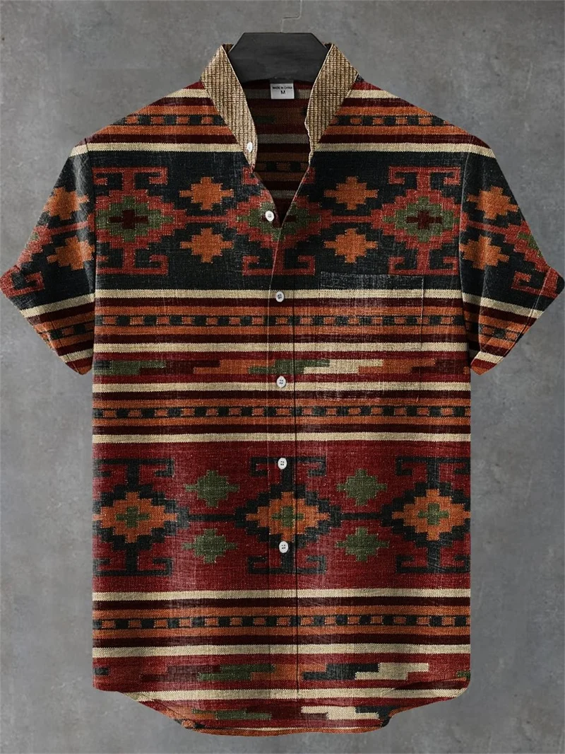 

Мужская рубашка с коротким рукавом, винтажная этническая винтажная рубашка в африканском стиле инструментов, повседневный топ, модный тренд, мужская рубашка