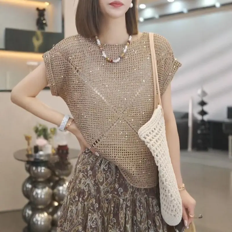 Vintage New Lace-Up Knit T-Shirt for Women Summer Loose Elegant Top Versatile Bright Silk Blouse Shirts for Women Kawaii Tees
