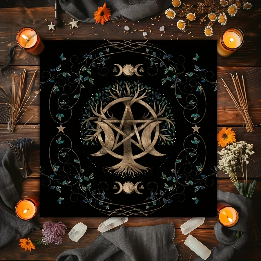 VIKAMA Tree Of Life Triple Moon Tarot Altar Cloth Pentagram Vine Print Witchy Divination Table Tapestry