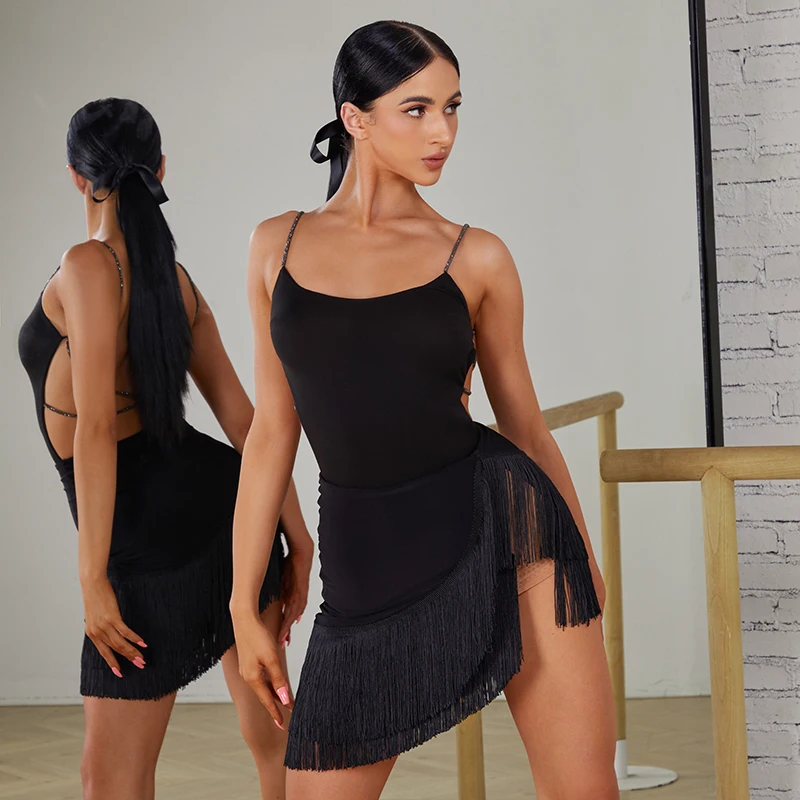 

UK Latin Dance Skirt-Asymmetric High Waist Skirt with Dense Fringe & Built-in Shorts for Women Practice Ballroom dance costumes