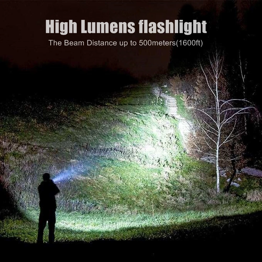 5000Lumen Led High Power Light Beam Flashlight Rechargeable Aluminum Outdoor Hunting Camping Fishing Hike Travel Powerful Torch