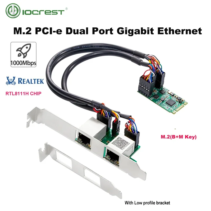 

Iocrest M.2 (ключ B/M), интерфейс pci-E, двухпортовые модули Gigabit Ethernet, 1000 Мбит/с, 1G, ника Netwerk изменений Realtek RT8111H, набор микросхем