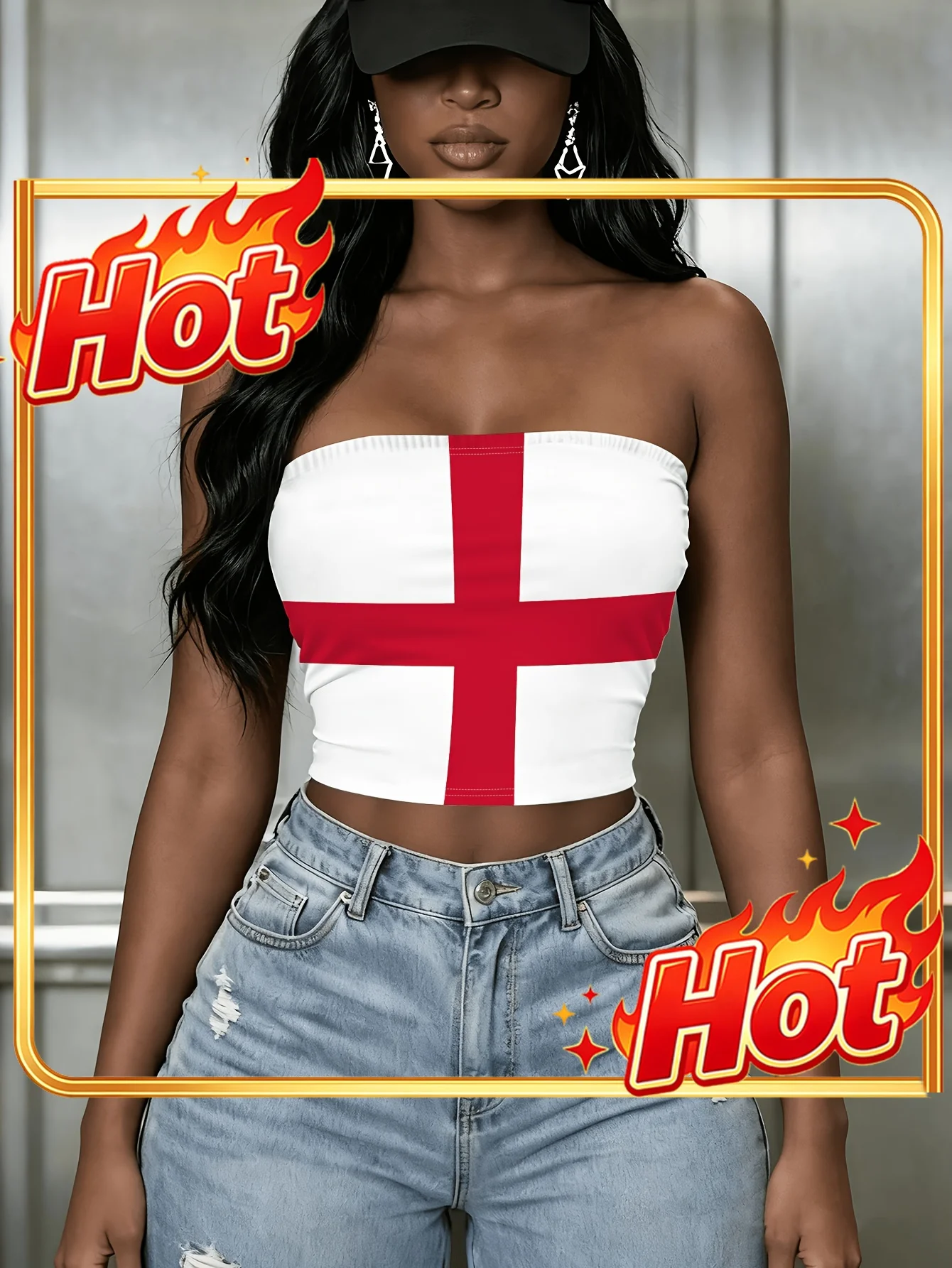 Women's New Spring/Summer Style Tube Top with National Flag Digital Print, Elegant and Chic, Popular Slim-Fit Strapless Top