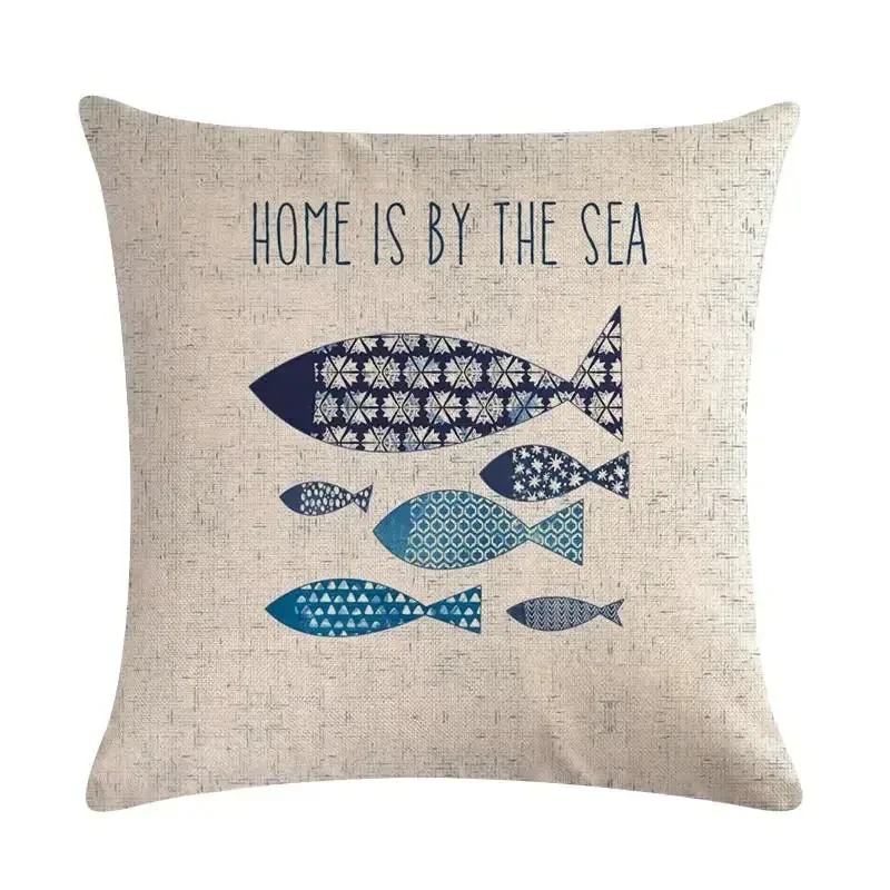 Navigation Nautical Throw Pillow Cover Beach Anchor Cushion Cover Fish  Linen Decoration Life buoy Pillowcase 45x45cm