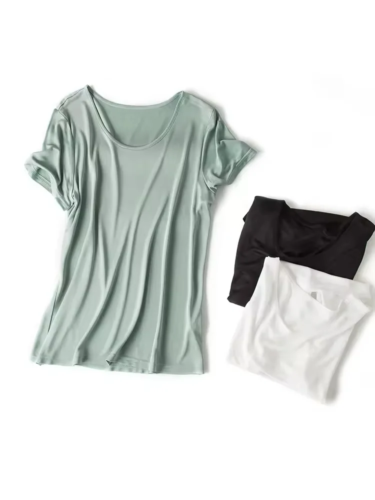 SuyaDream Women T shirt 30%Silk 70%Viscose O neck Short Sleeved Bottoming shirt 2026 Summer Shirt Basic Top White Black