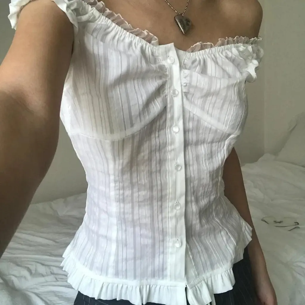 

French Girl's Lace Collar Slimming Shirt with Vertical Pattern Bubble Sleeves Elegant Tight Waist All-match Top for Women