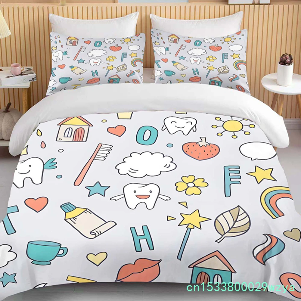 Cute Cartoon Teeth Print Bedding Set Duvet Cover 1 Duvet Cover 2 Pillowcases Adult And Children Bedding Set Luxury Bed Cover Set