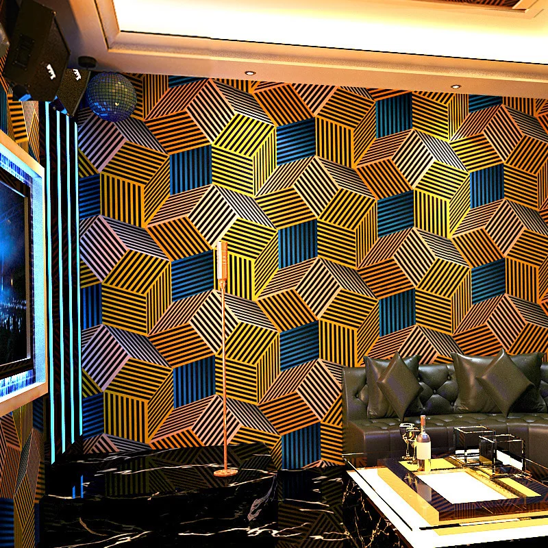 PVC KTV Glitter Wall Cloth 3D Reflective Geometric Grid Pattern Wallpaper for Karaoke Box Background Wall