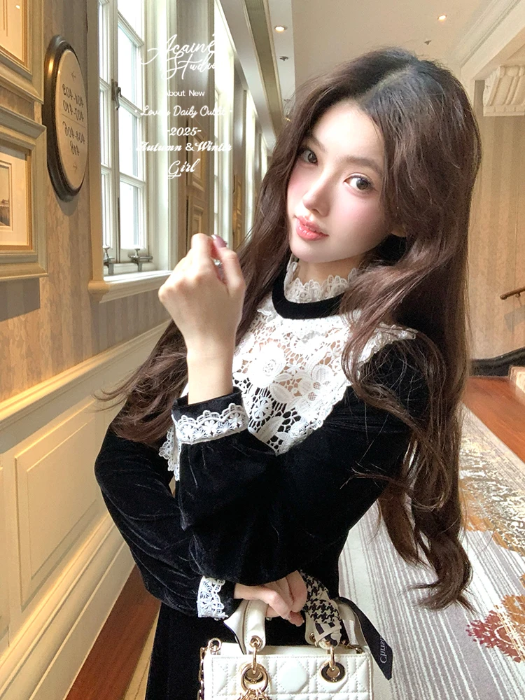 

Женское зимнее платье Acaine Bla Sugar Miss Velvet с длинными рукавами, французский стиль, А-силуэт, с вырезами, из ткани