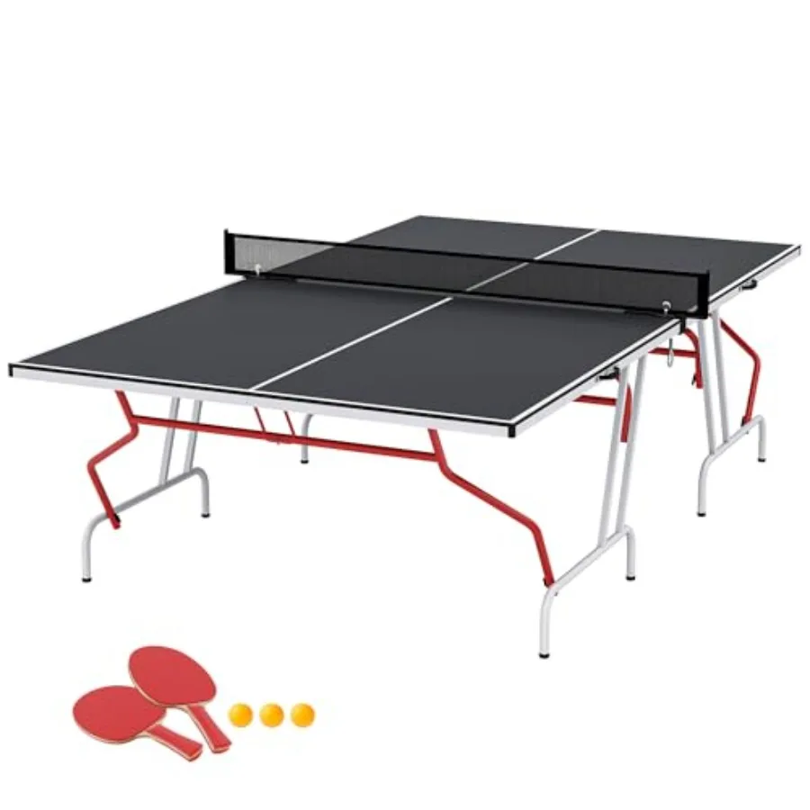 

Full Size Ping Pong Table Folds into Quarters Portable Table Tennis Table with Net Paddles Balls MDF Charcoal Gray