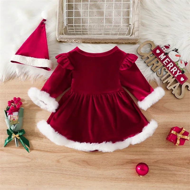 Baby Girl Christmas Santa Costume Outfit with Long Sleeve Round Neck A-Line Dress Romper and Matching Hat Set for Infants