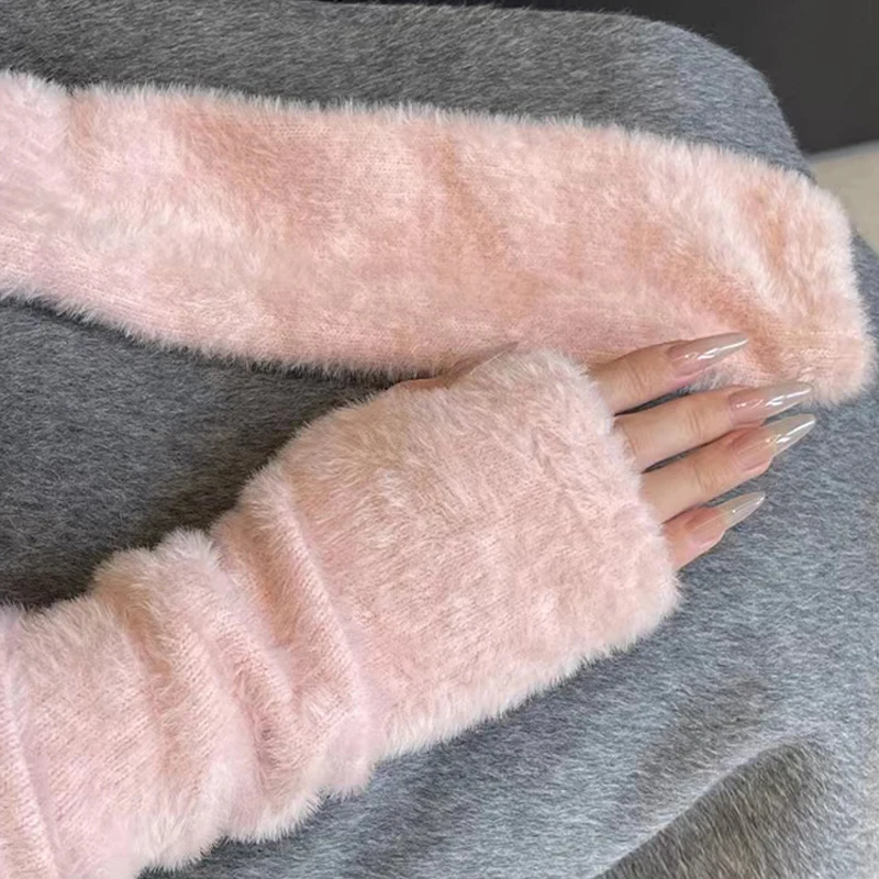 Guantes de medio dedo de felpa suave para mujer, calentadores de muñeca de manga larga con forro térmico, pantalla táctil cálida para invierno, Compatible con ciclismo