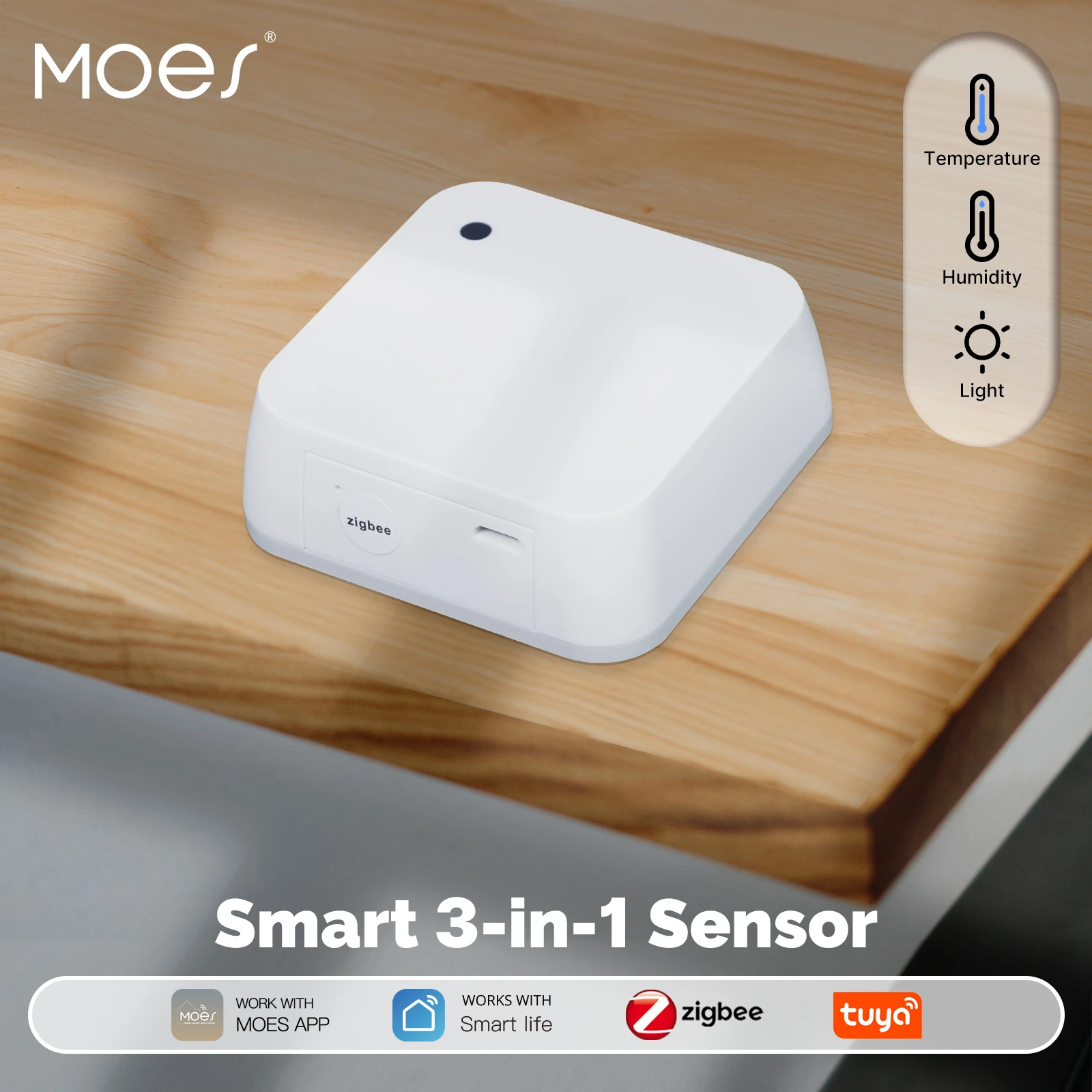 MOES Tuya ZigBee Smart Temperautre Humidity Light Sensor Illumination Value Detector App Remote Monitor Battery USB Dual Powered