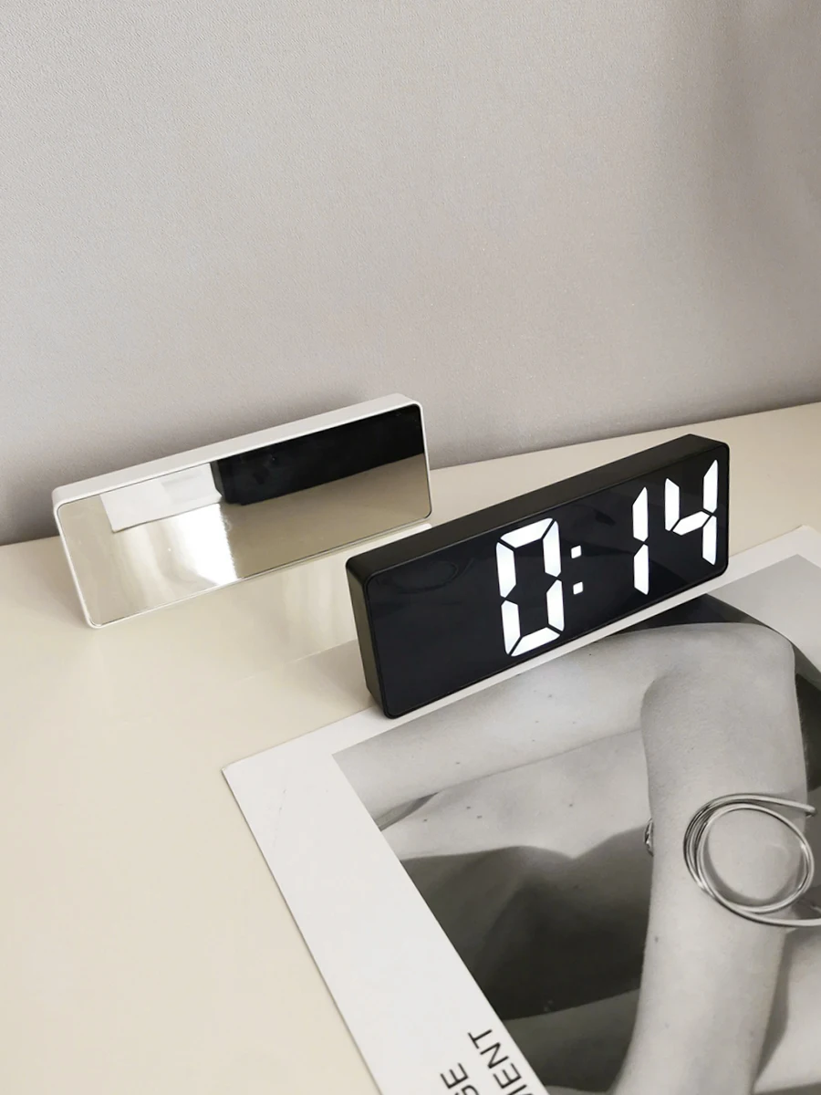 

simple style black and white silent voice-activated small alarm clock multi-function LED portable mirror digital watch clock