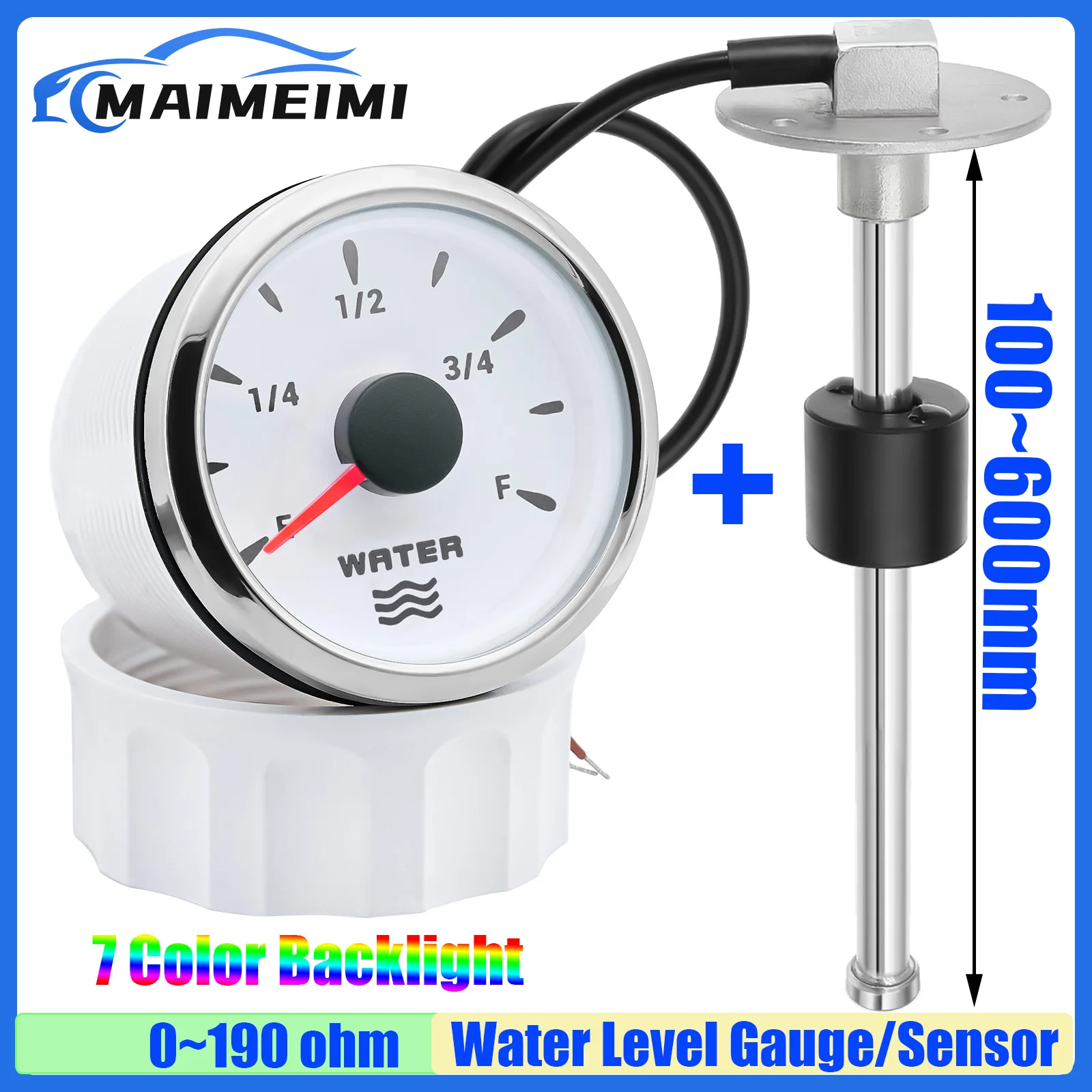 Niestandardowe 7-kolorowe podświetlenie 2 "52mm wskaźnik poziomu wody + czujnik poziomu wody 100-600mm 0-190Ohm wskaźnik licznika wody Auto samochód łódź