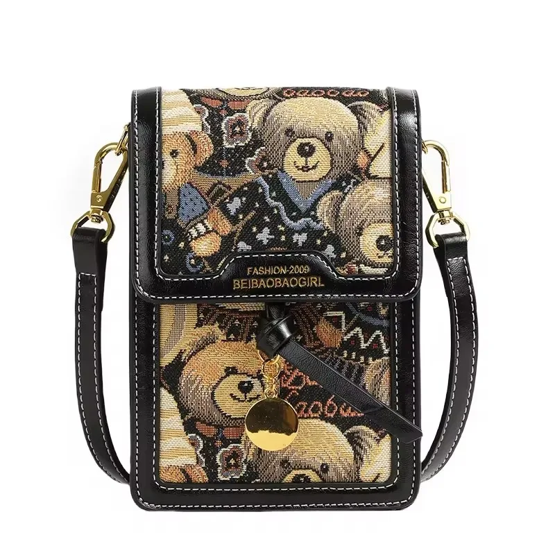 Beibaobao 2024 New Fashion Instagram Style One Shoulder Crossbody Bag Casual Retro Versatile Mobile Bag Cartoon Bear Women\'s Bag