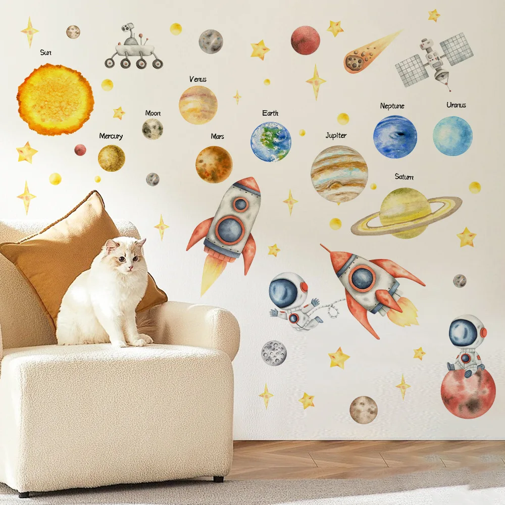 Cartoon Space Galaxy Rocket Wall Stickers Outer Space Astronauts Wall Decoration Stickers Planet Star Sticker Boys Bedroom Decor