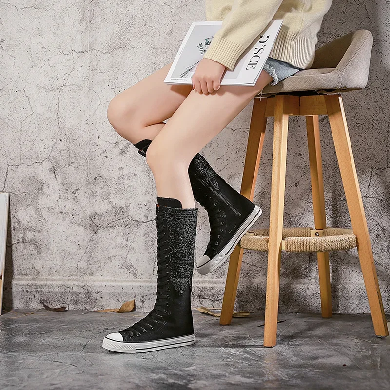 Long Tube Casual Women Shoes Spring Summer New Lace High Tube Canvas Shoes Trend Short Tube Women Boots All-match Student Shoes