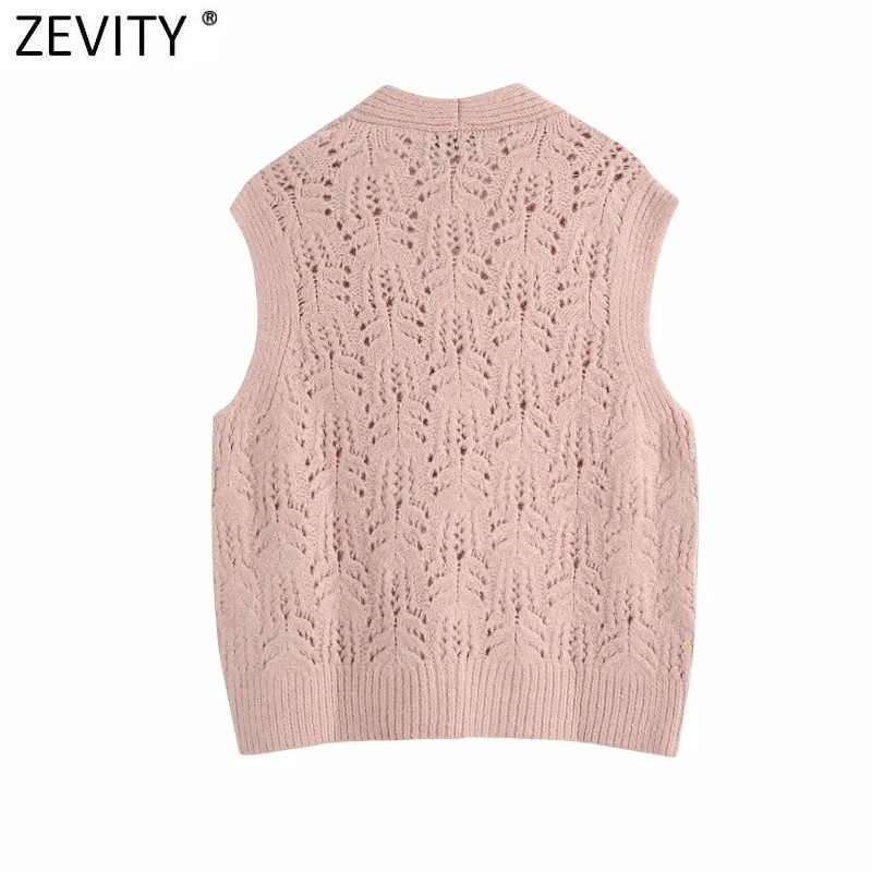 Zevity moda damska V Neck Hollow Out szydełkowy sweter z dzianiny damskie bez rękawów diamentowe o kroju kamizelki zapinanej na guziki rozpinane