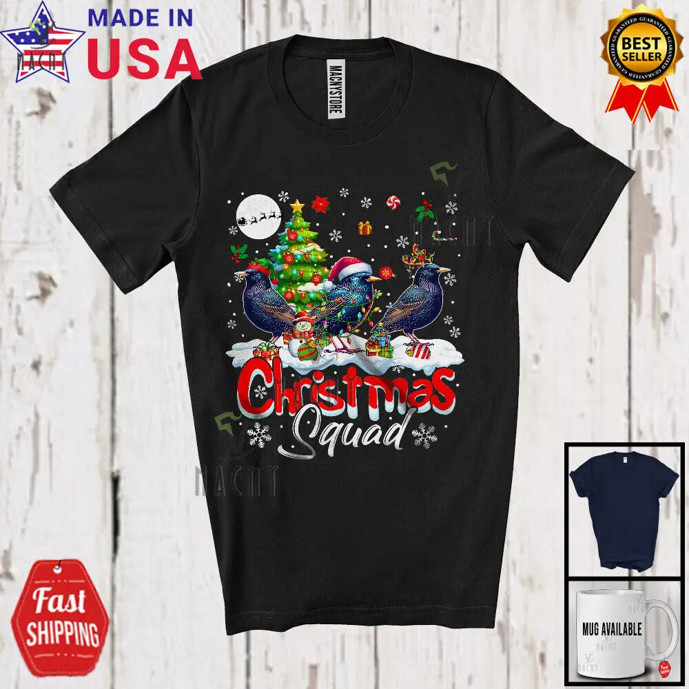 

Christmas Squad; Adorable Starlings Bird X-mas Tree Snowing; Bird Family T-Shirt