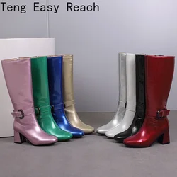 Women's Winter Boots Patent Leather Knee-high Boots Comfortable Thick Heel Women's Shoes Side Zipper Silver Square High Heels