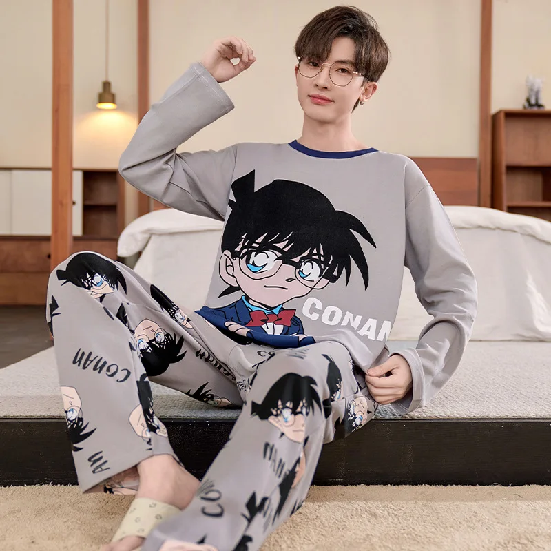 Detective Conan Men's Spring and Autumn Cotton Thin Pajamas Men's Long Sleeve Pullover Crew Neck Teen Homewear Suit