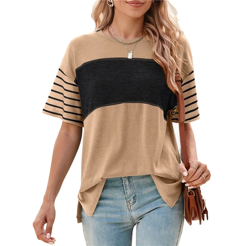 ABRT- Camicette da donna estive oversize 2025 girocollo casual a righe color block