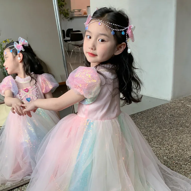 New Girls Cake Dress Kids Short Sleeve Princess Tutu Dress Birthday Dress Party Rainbow Dress for Little Girls