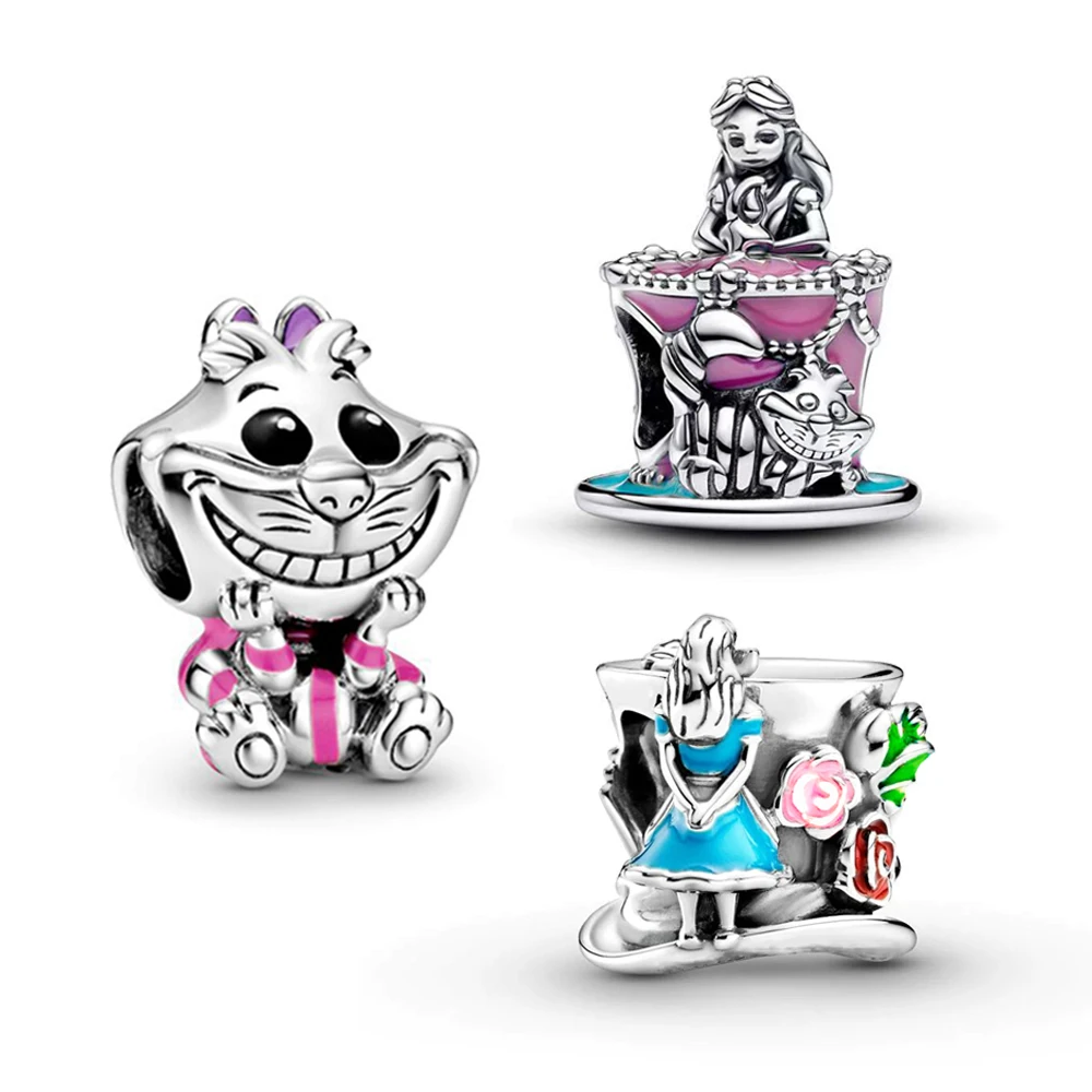 

Alice & Cheshire Cat Birthday Tea Party Charm Trio fit Original Pandora Bracelet DIY Women Cartoon Cute Jewelry Gift