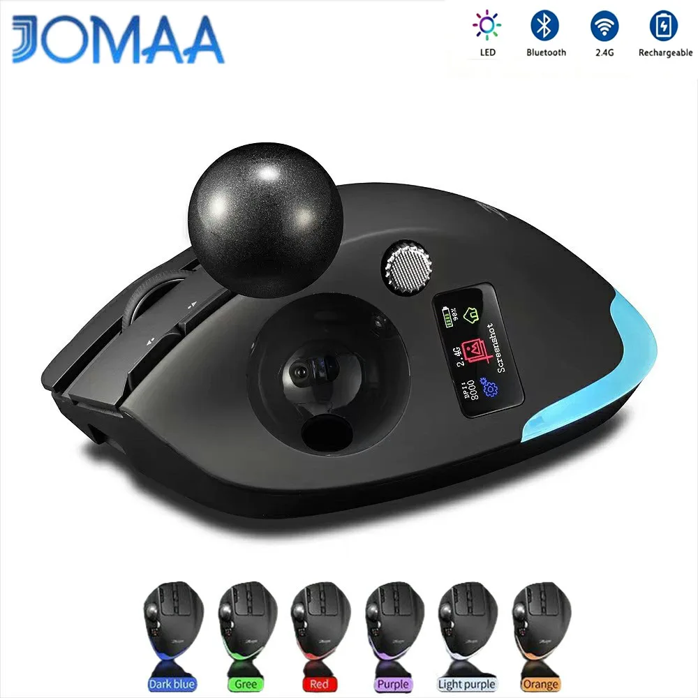 JOMAA Tri-mode Wireless Trackball Mouse RGB Backlit Ergonomic Gaming Mouse with LED Screen Display for Computer Tablet Gaming