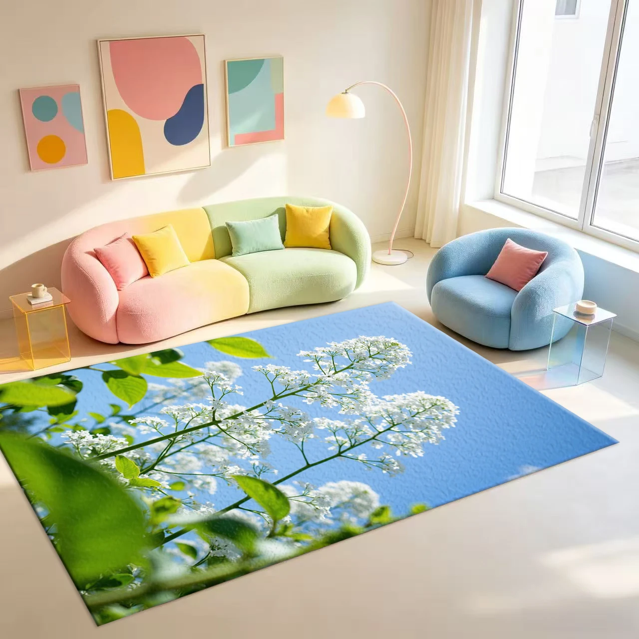 Fresh and Natural White Floral Pattern Carpet, Artistic Style Home Bedroom Living Room Floor Carpet