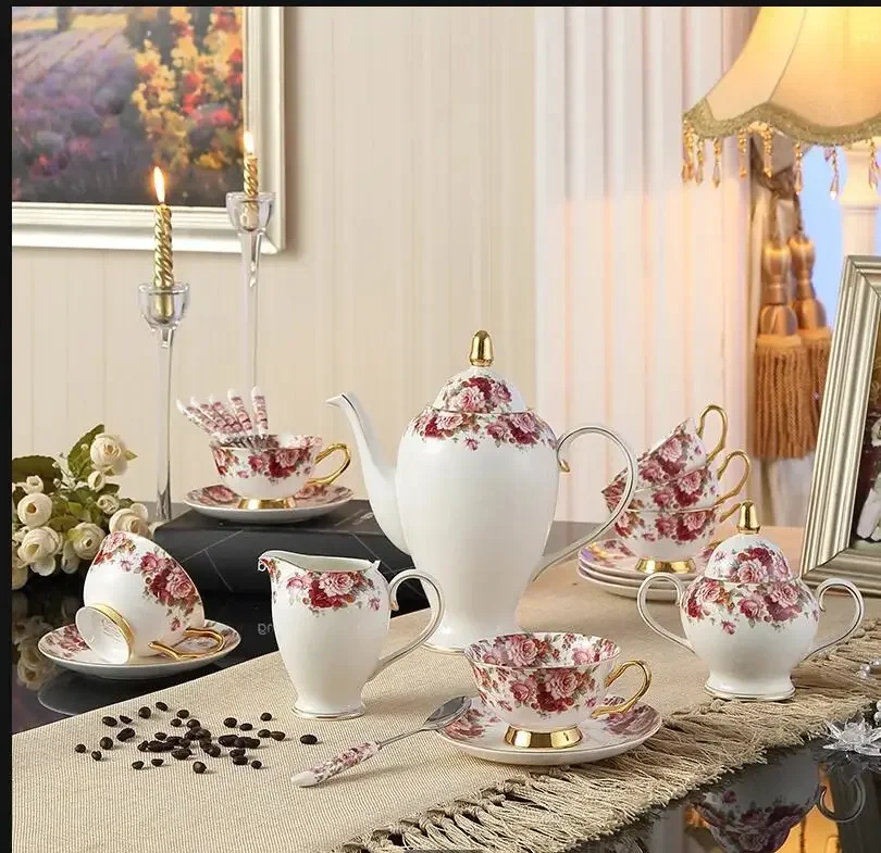 Pastoral Flower Bone China Tea Set Top Porcelain Coffee Ceramic Pot Milk Jug Sugar Bowl Teatime Teapot Cup Coffeeware