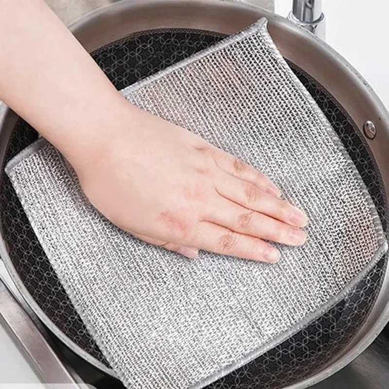 Silver Metal Wire Cleaning Cloths Reusable Non Stick Oil Kitchen Pan Pot Dish Towel Rag Steel Wire Dishcloth Rags Scouring Pads