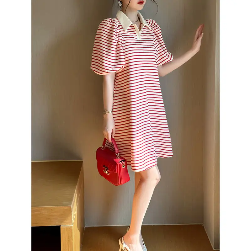 Fashion Lapel Striped Sweet Puff Sleeve Casual Dresses Female Clothing 2024 Summer New Loose All-match Short Sleeve Dress