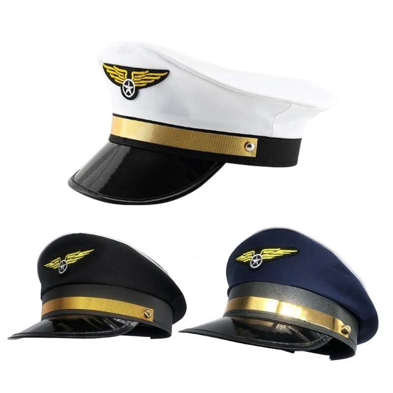 31BB Stylish Captain Hat Performance Cap Pilot Hat Aviation Cap with Badge Adjustable Octagonal Hat for Carnival Cosplay